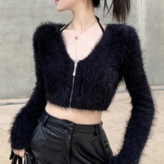 cammello 브이넥 앙고라 퍼 니트 크롭 집업 가디건 긴팔 니트티