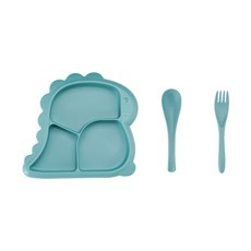LCQ 兒童餐具組 食品級PP材質 寶寶輔食碗 分格餐盤 叉勺組, 湖水綠三件套, 1個, 如圖