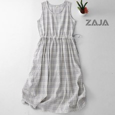 ZAJA 여성 여름 민소매 롱 원피스 루즈핏 허리밴딩 체크 편한 데일리