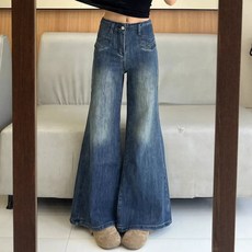 해피유통 여성용 높은 허리 옛날 느낌 여유로운 와이드 다리 청바지 빈티지 재질 봄 가을 패션