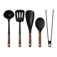 트루쿡 월넛 실리콘 조리도구 5종 세트, 1세트, 블랙, 국자 + 뒤집개 + 멀티스푼 + 주걱 + 집게