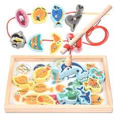 木製積木穿線磁性釣魚遊戲教具, 1個, 海洋生物