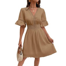 SISKIN 미디 드레스 브이넥 레이스 인서트 플라운스 슬리브 드레스 여성용 경량 카키 S