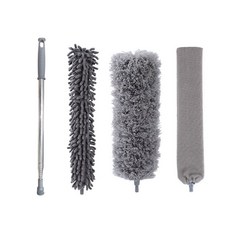 伸縮除塵撢套裝組，含長柄、纖維撢、雞毛撢子、縫隙刷，多功能清潔刷具，台灣出貨, 灰