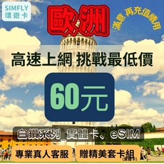 SIMFLY 環遊卡 歐洲上網 每日1GB降速吃到飽 循環卡, 1個, 實體卡 歐洲每天1GB降速吃到飽