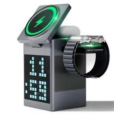 UYUXIO 3 in 1 자기 무선 충전 스테이션(블루투스 스피커 포함) 알람 시계 RGB 픽셀 디스플레이 iPhone용, 01 Black