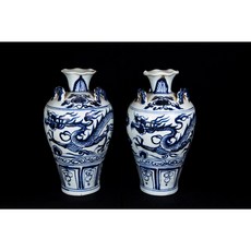 博古珍藏 元 青花雲龍紋花瓶一對 早期收藏 老件文物 瓷器