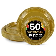 LANLISA 파티용 빨간색 플라스틱 접시 50개 63.5-22.9cm(25-9인치) 및 63.5-17.8cm(25-7인치) 일회용 케이크 디저트 생일 발렌타인데이 졸업식, Gold