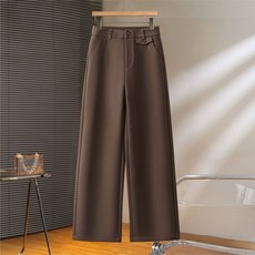 AOKADA 여성 가을 겨울 세미 와이드 모직 정장 팬츠 밴딩 하이웨스트 기모 일자 9부 바지