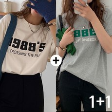 JLVJ 1+1 여름 여성 레트로 숫자 프린트 오버핏 티셔츠