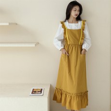 水洗棉長款圍裙 廚房工作圍裙 家用圍裙 美甲花店畫室適用 柔軟透氣 舒適耐用+長款薑黃色水洗棉圍裙+均碼