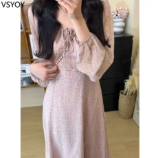 vsyoy 2026 새로운 봄 프랑스 스타일 달콤한 패션 타이트 허리 슬리밍 꽃 차 브레이크 사쿠라 파우더 긴 소매 여성의 우아한 긴 원피스