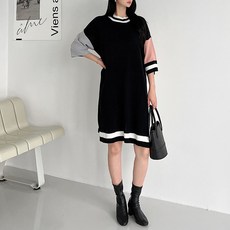 KnitNJean 女性撞色側開衩針織寬鬆長版連身裙, 黑色