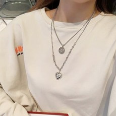 1P/2P 레이어드 롱 목걸이 하트 두줄 체인 원형 메달 긴목걸이 데일리 패션 볼드