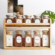 고운데코 양념통 세트 2단 원목 정리대 양념병 10P 밀폐 주방, 내추럴 선반 1P+사각유리 소5P+대5P+스티커2P, 1세트
