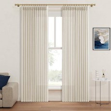 핀치 플리츠 천연 리넨 커튼 160cm(63인치) 길이 2패널 Ktichen 창문 세트 세미 시어 라이트 필터링 프라이버시 베이지 팜하우스 쇼트 드레이프 백 탭 후크 링 10