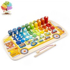 TreeyGear 蒙氏兒童木質字母數字配對板 馬卡龍對數板 磁性釣魚遊戲 小熊校車益智玩具 益智力開發, 1個, 釣魚玩具數字積木