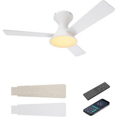 MDTlight 44인치 블랙 천장 선풍기 3CCT 디밍 가능 LED 조명 조용한 리버서블 DC 모터 6단 속도 리모컨 및 APP 제어 침실 파티오 거실 실내 실외 사용, White, 44 inch