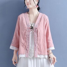 ORZQU 여름 여성 자수 더블 7부 소매 상의 개량 한복 카디건 아우터 셔츠