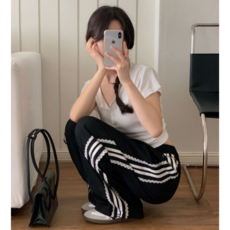 샤콘 여성용 레이스 나일론 트랙 팬츠 2color / 여름 바스락 스트링 투웨이 와이드 조거 삼선 라인 바지