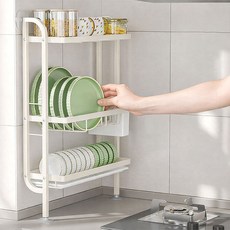 루이벤 공간활용 틈새 식기건조대 자동 물빠짐 싱크대 설거지 건조대 그릇 정리대 주방 수납 선반 거치대, 1개, 공간활용식기건조대-아이보리, 3단