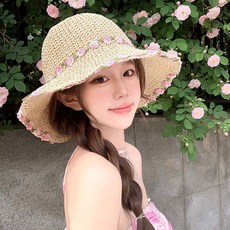 투니스 여성 심플 플라워 버킷햇, 베이지 + 핑크, 민소매/나시