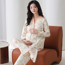 純棉帶胸墊孕婦月子服睡衣春秋季長袖大碼產前產後哺乳餵奶家居服