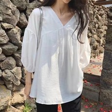 《杜達女孩》海鹽氧氣仿麻雪紡上衣 V領七分袖寬鬆遮肚娃娃裝上衣