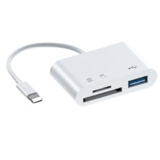 手機讀卡機 多功能OTG轉接頭 相機內存卡SD卡讀卡器 適用Type-C蘋果手機讀卡器 一般手機適用, 1個, 蘋果Lightning接頭-三合一【SD+TF+USB】, 白, 033-86