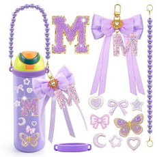ECLATIS LBU Owala 물병용 레터 액세서리 12개/81.9/1184.9ml24/32/40온스 리본이 있는 귀여운 이니셜 키체인 포함 스티커 참 페랄 핸들 스트랩, 글자 M, 퍼플