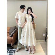 해피유통 커플룩 커플 세트 여름 봄 남녀 공용 청년 캐주얼 스타일 자수 디테일 퓨어 코튼 원피스 티셔츠 세트 LWJ