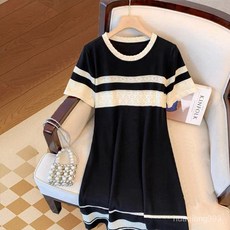 Yellwell여성용 반팔 니트 원피스 라운드넥 레이스 디테일 세련된 여름 드레스LST