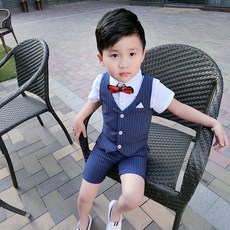 男童禮服花童西裝套裝 兒童條紋西裝夏季短袖馬甲短褲套裝 幼兒園畢業禮服婚紗拍照兒童西裝寶寶週歲小西裝