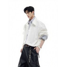 設計感條紋撞色長袖襯衫男女假兩件拼接春秋季寬鬆休閒襯衣外套潮