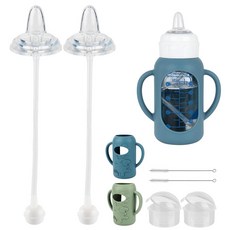 Dr Browns 좁고 좁은 유리 아기 젖병용 실리콘 슬리브가 있는 빨대 컵 변환 키트 118.3ml(4온스) 부드러운 빨대 상단과 손잡이가 있는 가중 빨대 교체 키트 2, 2 pack, 4oz