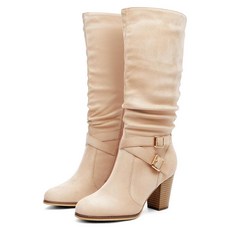 Ermonn 여성용 미드 니 하이 부츠 청키 힐 슬라우치 메탈 버클 사이드 지퍼 패션 겨울 신발 블랙.