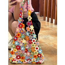 핸드메이드 크로셰 숄더백 울 소재 수제 뜨개질 가방 DIY 플라워 패턴 여름 데일리 여성 가방 편안한 착용감 선물용 추천 독특한 디자인 개성 있는 스타일, 오렌지 꽃 패키지, 1개