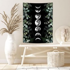 Dongbei 동베이 그린 플랜츠 문 페이즈 태피스트리 유칼립투스 판타지 벽걸이 감성적인 식물 모티프 플로럴 벽 장식 소형 보헤미안 히피 만다라 태피스트리 (실내 인테리어, Moon Phase_48"L x 36"W