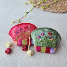 한국민예 전통 모시 꽃자수 동전지갑 미니파우치 외국인선물, 카키, 1개
