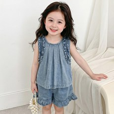 女童韓版牛仔無袖背心短褲套裝2026新款甜美花邊可愛牛仔兩件套潮