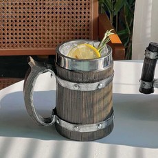 바이킹 오크통 맥주잔 바이킹잔 생맥주 600ml 북유럽 컵 나무 나무통 감성 해적 맥주, 2. C 모조 목재 맥주 잔 600ml