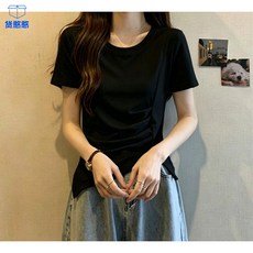 純欲性感褶皺短款圓領不規則短袖T恤女夏時尚打底上衣
