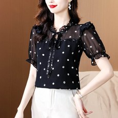 COSYEVNO 반팔 블라우스 도트 프릴 슬림핏 통근 여름 여성 쉬폰 셔츠