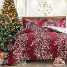 크리스마스 침구 세트 버건디 레드 컴포터 시트 7피스 퀸 사이즈 사계절용 나무 가지 부드러운 마이크로파이버 이불 1개 베개커버 2개 평면 맞춤형