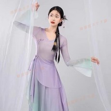 中國舞舞蹈服古典舞練功服一整套飄逸彈力網紗漸變蝴蝶上衣中國舞, 1個, 紫青漸變上衣-送白吊帶,L