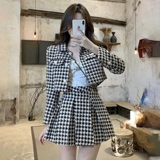 FANSYLI 가을 겨울 트위드 세트 패션 라운드 루즈핏 체크 자켓 하이웨스트 A라인 스커트 투피스 여성 프리미엄 통근 세트 X2408A15