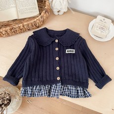 델루비오 아동 여아 카라 니트 체크 프릴 포인트 가디건