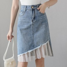 슬림소녀 여성 여름 미디 레이스 패치 하이웨스트 날씬해 보이는 A라인 스커트 데님 스커트