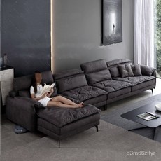 轉角組閤佈藝沙發現代簡約意式極簡大客廳簡易可拆洗科技佈藝沙發 JLBG, 三人+貴妃組合280cm,納米科技布+乳膠顆粒座包+羽絨靠包