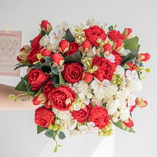 화예원 생화같은 조화 꽃다발 웨딩 부케 성묘꽃, 중형 레드 꽃다발, 1개